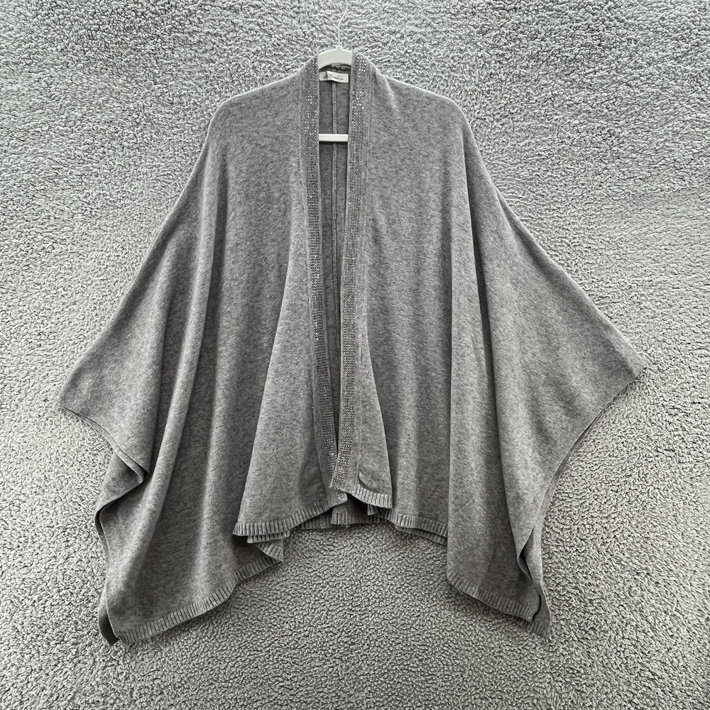 La Fiorentina Poncho Womens OS Gray Beaded Trim Knit Open Front Kimono Cape